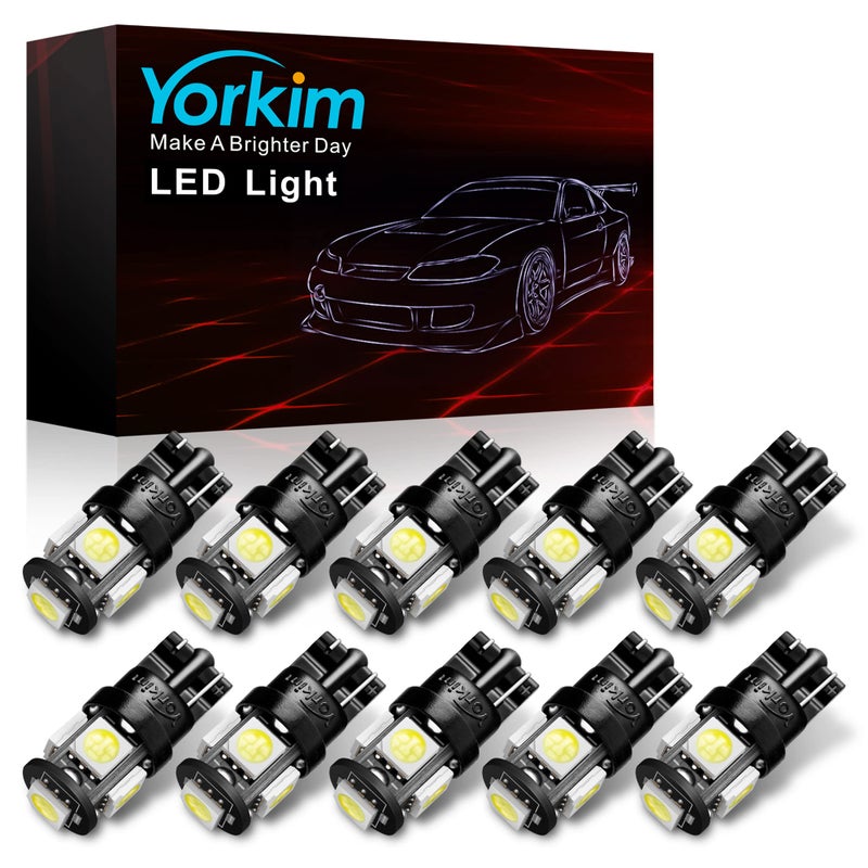 Yorkim مصابيح LED يوركيم 194 بيضاء 6000 ك سوبر برايت الجيل الخامس، مصباح LED T10 168 لداخل السيارة، ضوء القبة، خريطة، باب، ضوء الترخيص W5W 2825، عبوة من 10 - Image 1